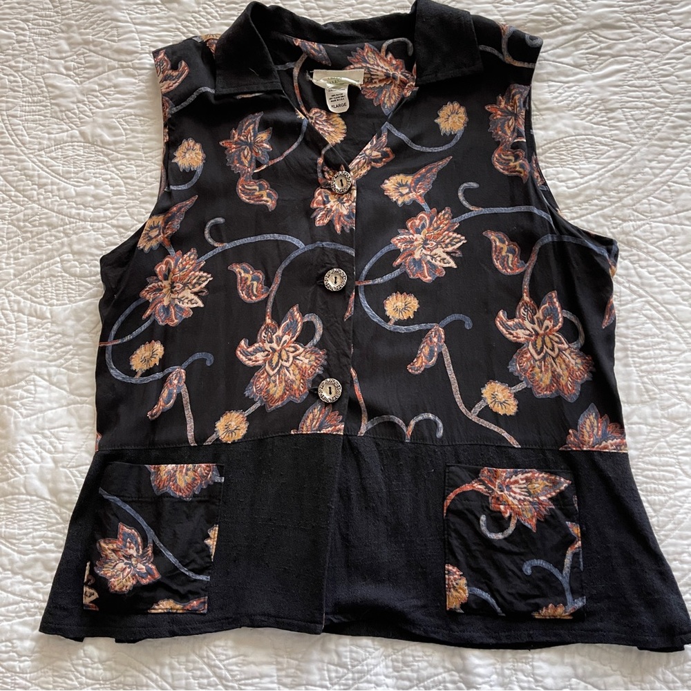 Vintage Kendall Creek Connections Black Floral Sleeveless Collared Blouse XL